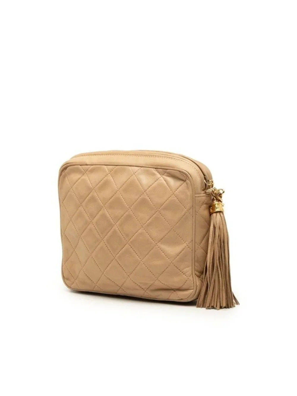 Chanel Quilted CC Logo Fringe Chain Shoulder Bag Crossbody Beige Lambskin
